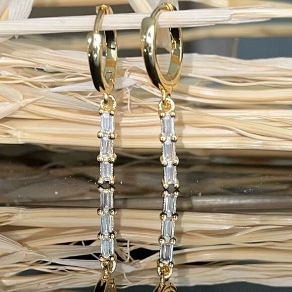 Gold Plated Dangle Huggie Hoop Earrings Dainty Minimalistic Silver CZ gems - Picture 1 of 3